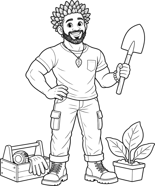 Line drawing of Dad Olé holding a garden spade.