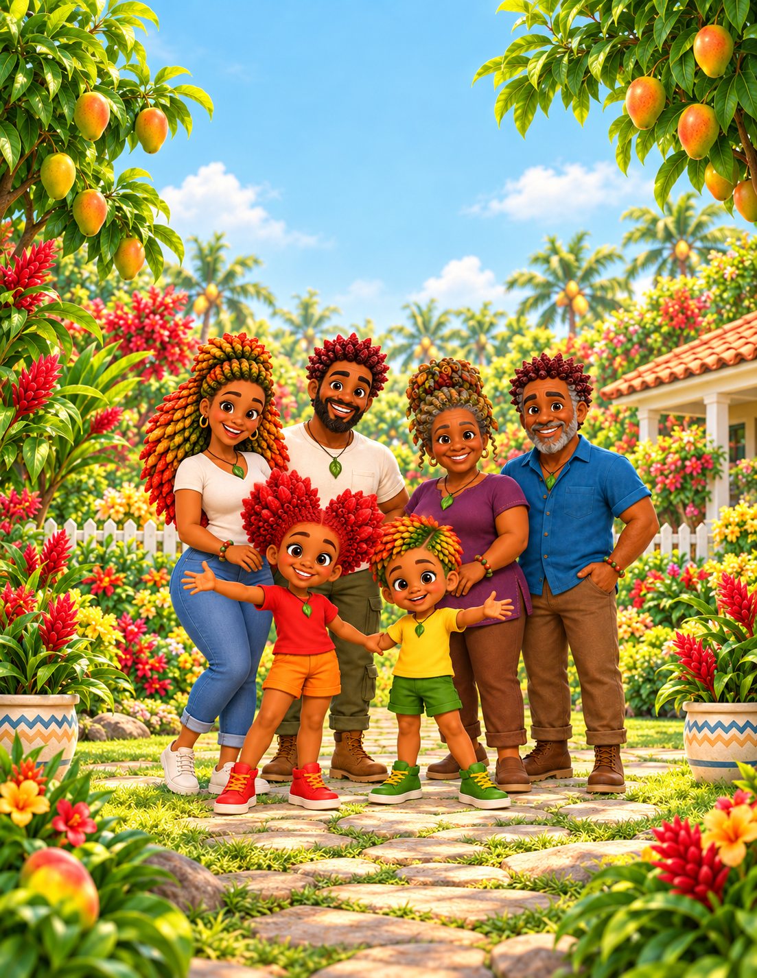 The Olé family standing together in their garden: Mom, Dad, Grandma, Grandpa, Ginger-O and Mang-O.