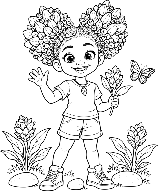 Line drawing of Ginger-O waving, holding a ginger flower.