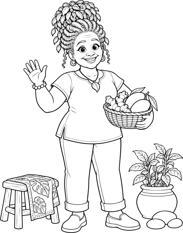 Line drawing of Grandma Olé waving, carrying a basket of fruit.