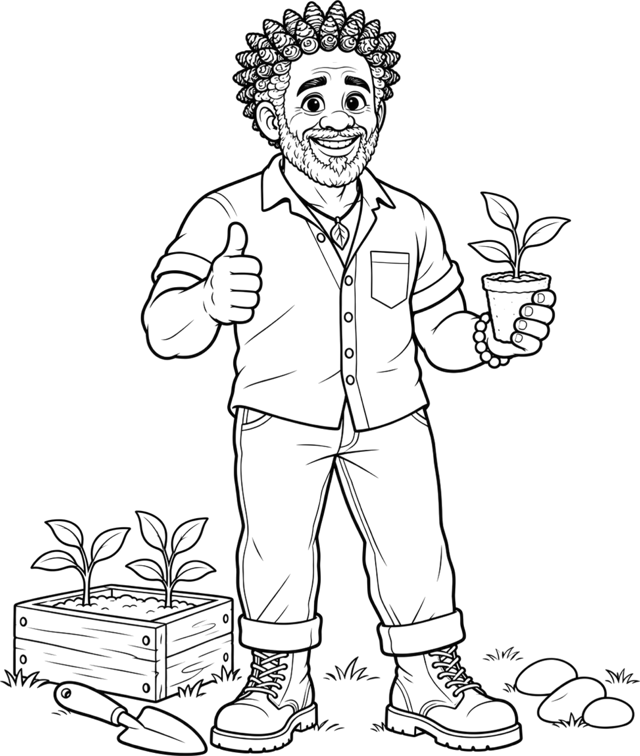 Line drawing of Grandpa Olé giving a thumbs up, holding a seedling.