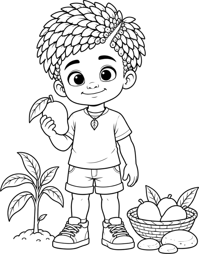 Line drawing of Mang-O holding a mango.