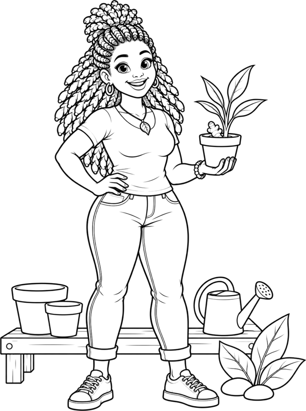 Line drawing of Mom Olé holding a potted seedling.