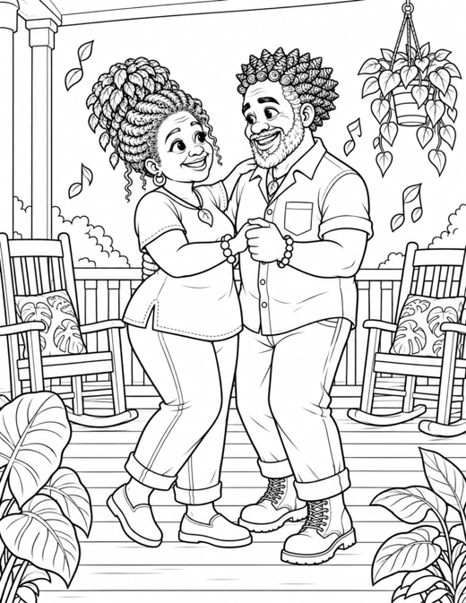 Coloring page of Grandma and Grandpa dancing on the porch.