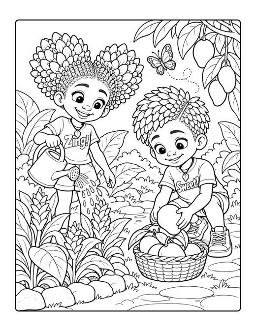 Coloring page of Ginger-O watering plants while Mang-O gathers mangoes.