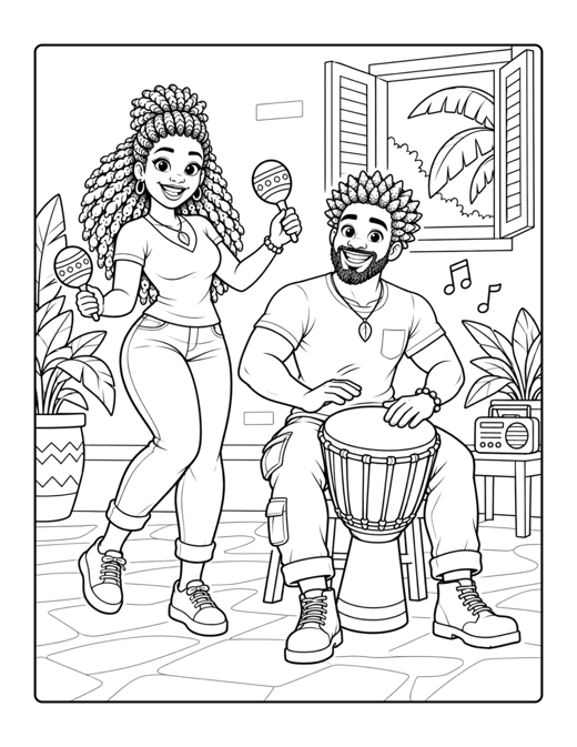 Coloring page of Mom with maracas and Dad playing a drum.